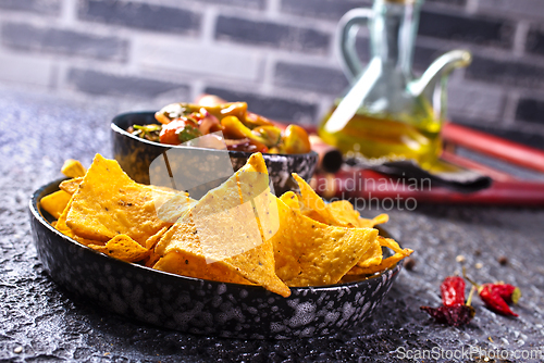 Image of Nachos with guacamole and vegetables.