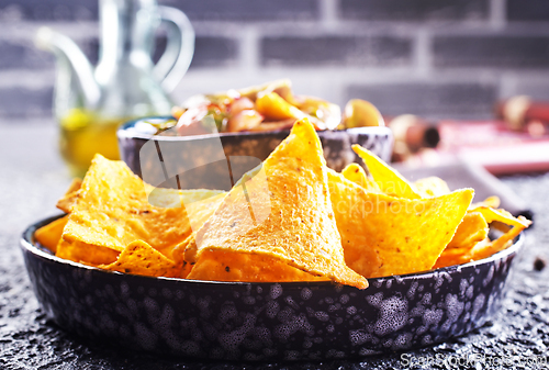 Image of Nachos with guacamole and vegetables.