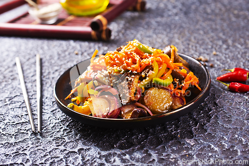 Image of Summer Vegetable spicy stew of zucchini, potatoes, peppers, onions, tomatoes and eggplant