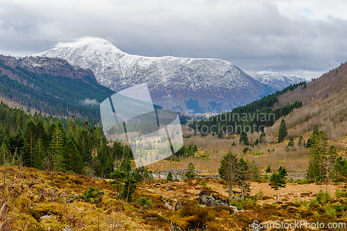 Image of Scenic mountain view in spring with snow-capped peaks and lush v
