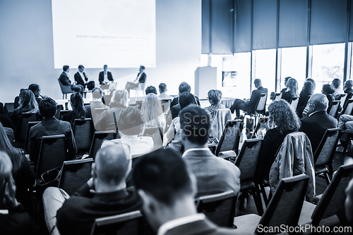 Image of Interview and round table discussion at business convention and presentation. Audience at the conference hall. Business and entrepreneurship symposium