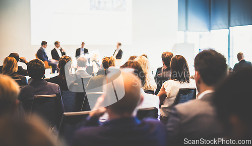 Image of Interview and round table discussion at business convention and presentation. Audience at the conference hall. Business and entrepreneurship symposium