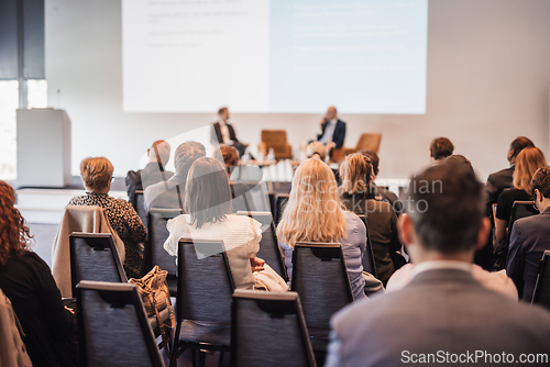 Image of Interview and round table discussion at business convention and presentation. Audience at the conference hall. Business and entrepreneurship symposium