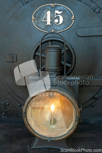 Image of Historical train lantern number 45 displayed at a railway museum