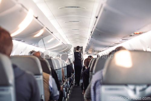 Image of Interior of airplane with passengers on seats and stewardess in uniform walking the aisle, serving people. Commercial economy flight service concept.