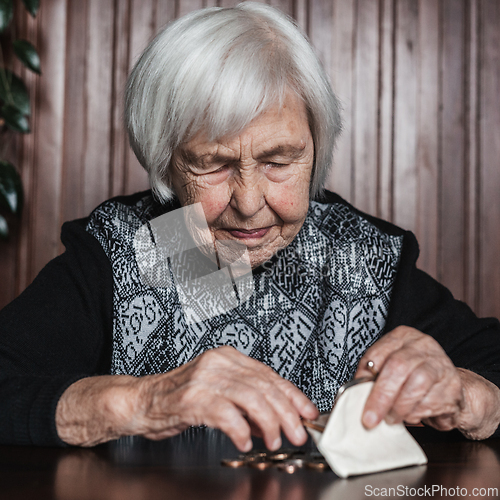Image of Portrait of an old woman counting money. The concept of old age, poverty, austerity.