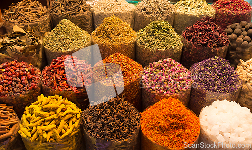 Image of Colorful spices on the Arab souq spice market in medina.