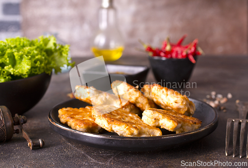 Image of Roasted chicken cutlets on black plate