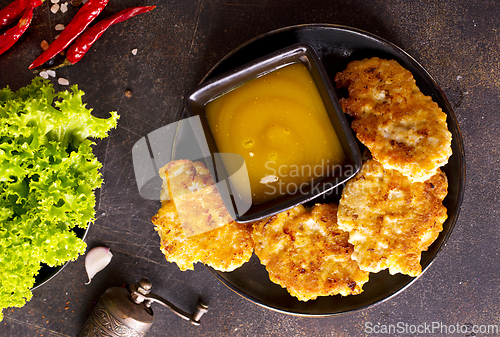 Image of Roasted chicken cutlets on black plate