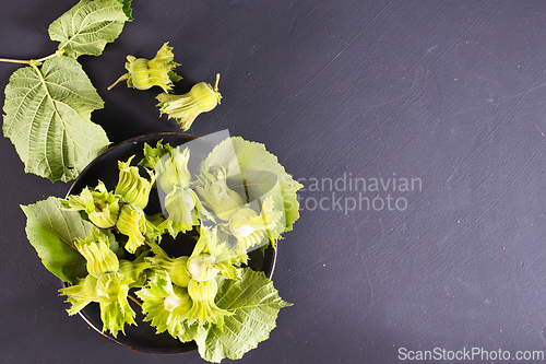 Image of hazelnuts on black table