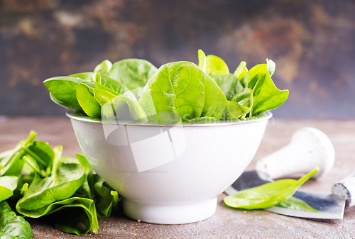 Image of Heap of baby spinach leaves on a table