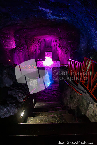 Image of Magnificent cross glows with spiritual light in famous underground Catedral de Sal (Salt Cathedral) of Zipaquira, Colombia