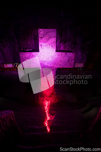 Image of Magnificent cross glows with spiritual light in famous underground Catedral de Sal (Salt Cathedral) of Zipaquira, Colombia