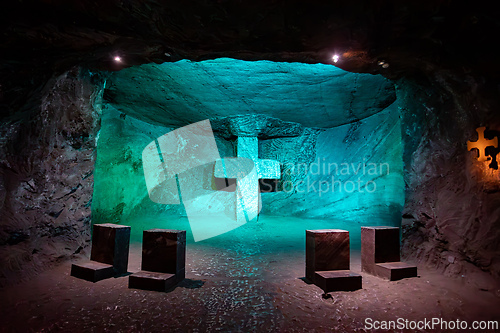 Image of Magnificent cross glows with spiritual light in famous underground Catedral de Sal (Salt Cathedral) of Zipaquira, Colombia