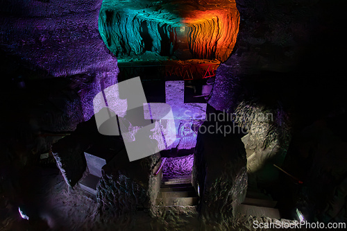Image of Magnificent cross glows with spiritual light in famous underground Catedral de Sal (Salt Cathedral) of Zipaquira, Colombia