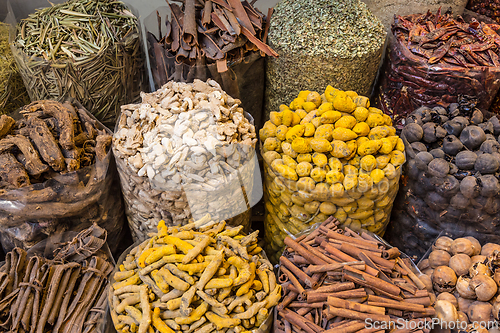 Image of Colorful spices on the Arab souq spice market in medina.