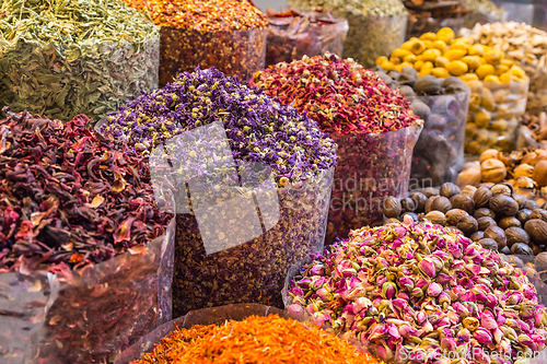 Image of Colorful spices on the Arab souq spice market in medina.