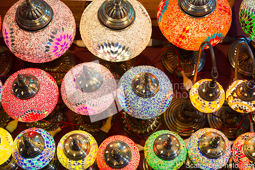 Image of Marketplace with stained glass lamps, colorful oriental craft product in traditional bazar.