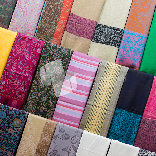 Image of Asian scarves with a bright colorful pattern at the oriental bazaar.