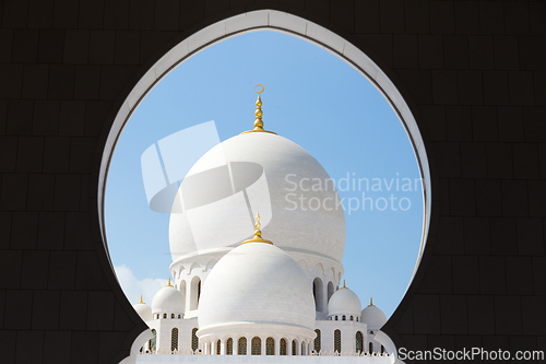Image of Grand entrance to Sheikh Zayed Grand Mosque in Abu Dhabi, the capital city of United Arab Emirates