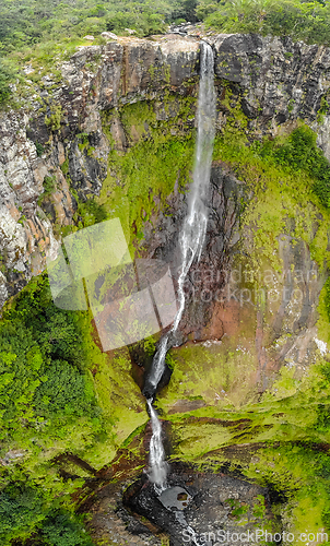 Image of Aerial top view perspective of 500 feet waterfall in Black river gorges national park on Mauritius island.