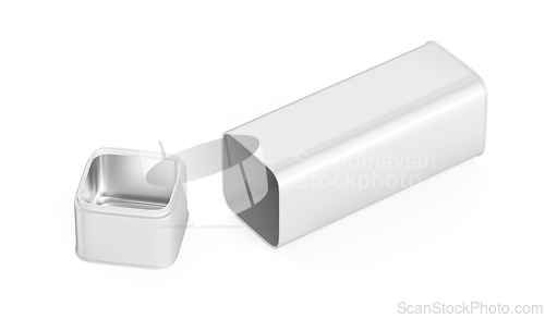 Image of Open empty white metal box with a lid