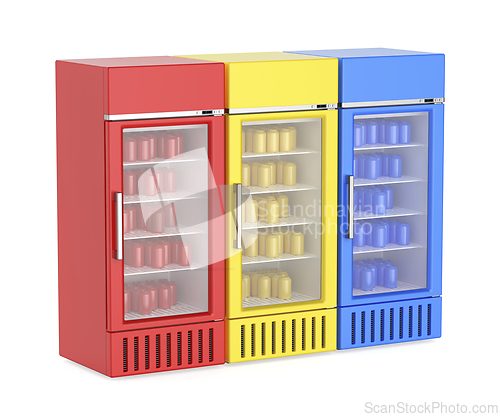 Image of Three refrigerators with cans of different colors