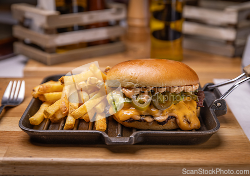 Image of Delicious cheeseburger with french fries
