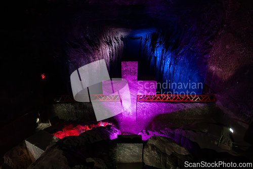 Image of Magnificent cross glows with spiritual light in famous underground Catedral de Sal (Salt Cathedral) of Zipaquira, Colombia