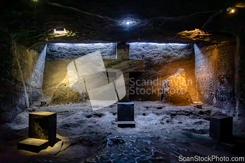 Image of Magnificent cross glows with spiritual light in famous underground Catedral de Sal (Salt Cathedral) of Zipaquira, Colombia