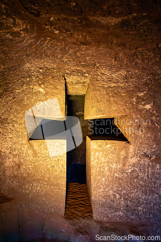 Image of Magnificent cross glows with spiritual light in famous underground Catedral de Sal (Salt Cathedral) of Zipaquira, Colombia