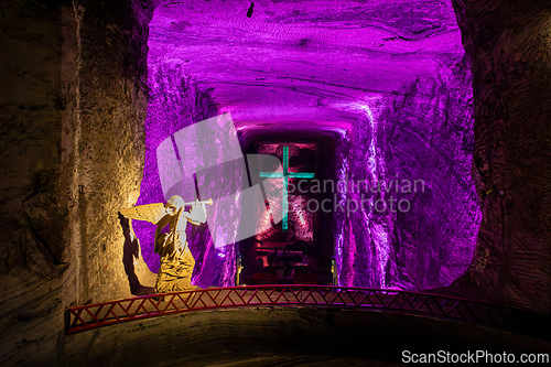 Image of Magnificent cross glows with spiritual light in famous underground Catedral de Sal (Salt Cathedral) of Zipaquira, Colombia