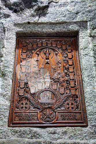 Image of Intricately carved wooden religious panel. Salt Cathedral of Zipaquira, Colombia.