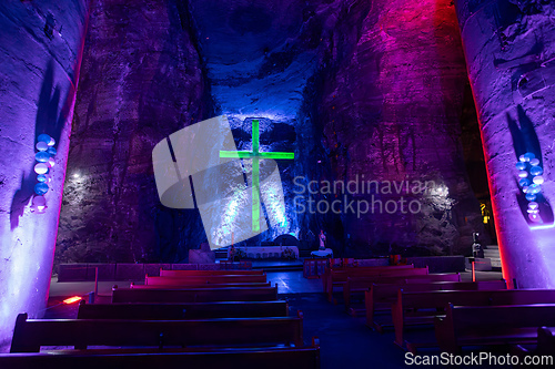 Image of Magnificent cross glows with spiritual light in famous underground Catedral de Sal (Salt Cathedral) of Zipaquira, Colombia