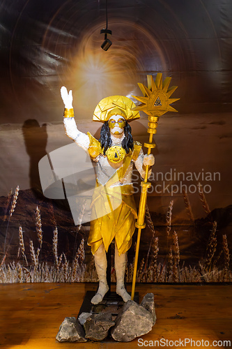 Image of Ancient golden statue of Muisca Indigenous people deity stands tall in the underground Salt Cathedral of Zipaquira, Colombia