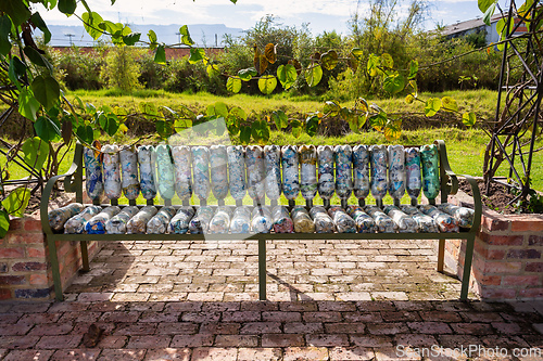 Image of Unique eco-friendly bench made from repurposed plastic bottles. Ecoparque Sabana Tocancipa, Cundinamarca Department, Colombia