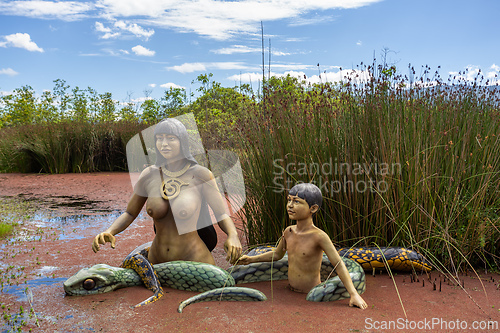 Image of Muisca tribal statue, Ecoparque Sabana, Cundinamarca department. Colombia