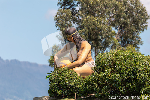 Image of Muisca tribal statue, Ecoparque Sabana, Cundinamarca department. Colombia