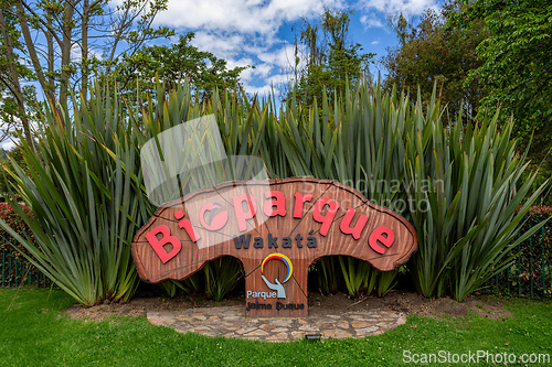 Image of Biopark Wakata signpost, Jaime Duque Park, Metropolitan Area of Bogota, Colombia.