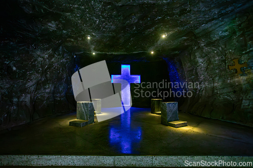 Image of Magnificent cross glows with spiritual light in famous underground Catedral de Sal (Salt Cathedral) of Zipaquira, Colombia