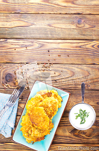 Image of pancakes from potato on blue plate.