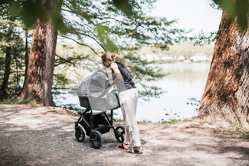 Image of Rear view of casually dressed mother walking with baby stroller in Koseski bajer city park in Ljubljana, Slovenia. Family, child and parenthood concept.