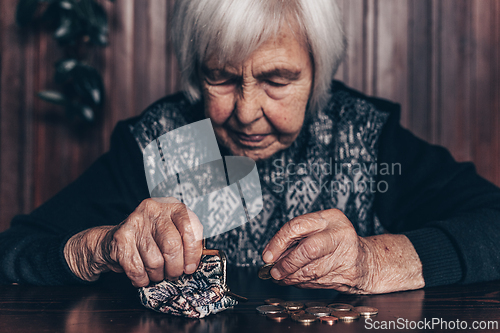Image of Portrait of an old woman counting money. The concept of old age, poverty, austerity.