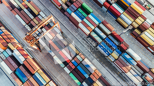 Image of Aerial view of shipping container port terminal. Colourful pattern of containers in harbor. Maritime logistics global inport export trade transportation.