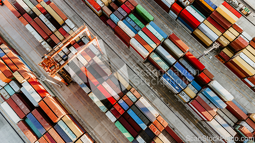 Image of Aerial view of shipping container port terminal. Colourful pattern of containers in harbor. Maritime logistics global inport export trade transportation.