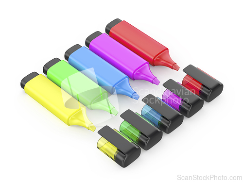 Image of Row of five different colored fluorescent pens