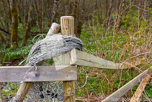 Image of Natural surroundings with a wooden fence and tangled ropes at a 