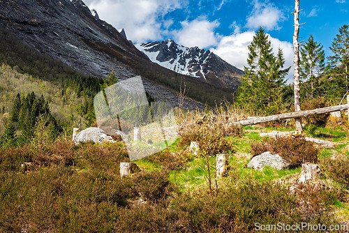 Image of Beautiful mountain landscape with snow-capped peaks and lush gre