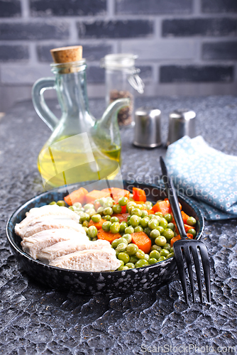 Image of Savory vegetable stew with chicken fillet on plate on a table
