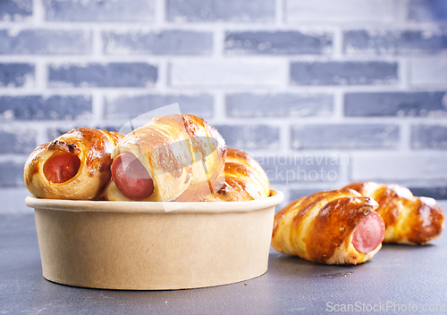 Image of Close-up of baked sausages in dough in bowl.